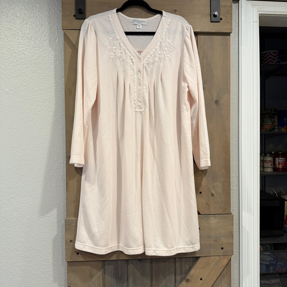 Miss Elaine Nightgown Womens 2X Pink Long Sleeve Embroidered Lace Sleepwear PJs